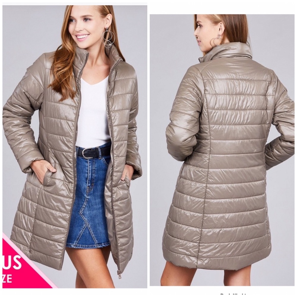 Long Khaki Puffer Coat with Pockets - Picture 1 of 4